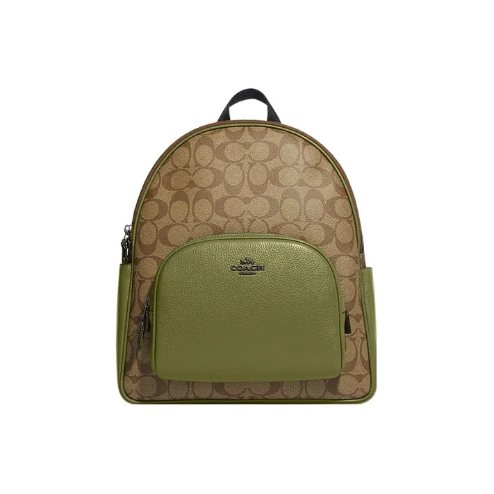 COACH Court Canvas With Pebbled Leather Backpack Medium Size Women's Khaki & Olive Green-0