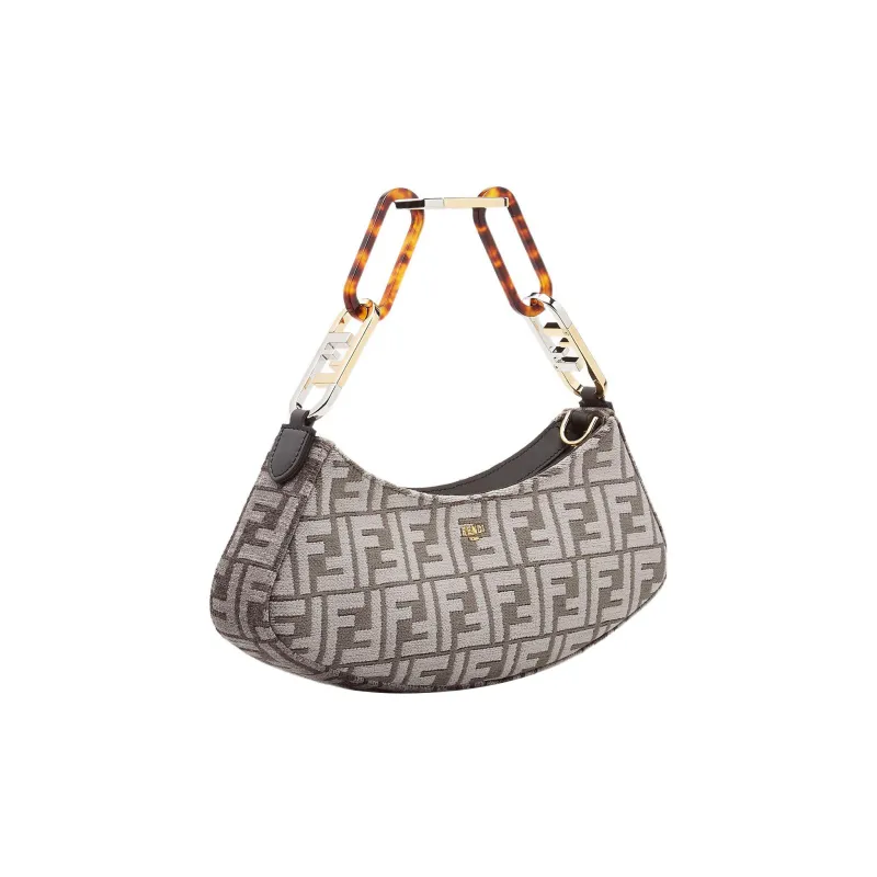 FENDI O'Lock Swing Fabric Cow Leather Patchwork Shoulder Bag Handheld Handbag Shoulder Bag Women's Gray-2