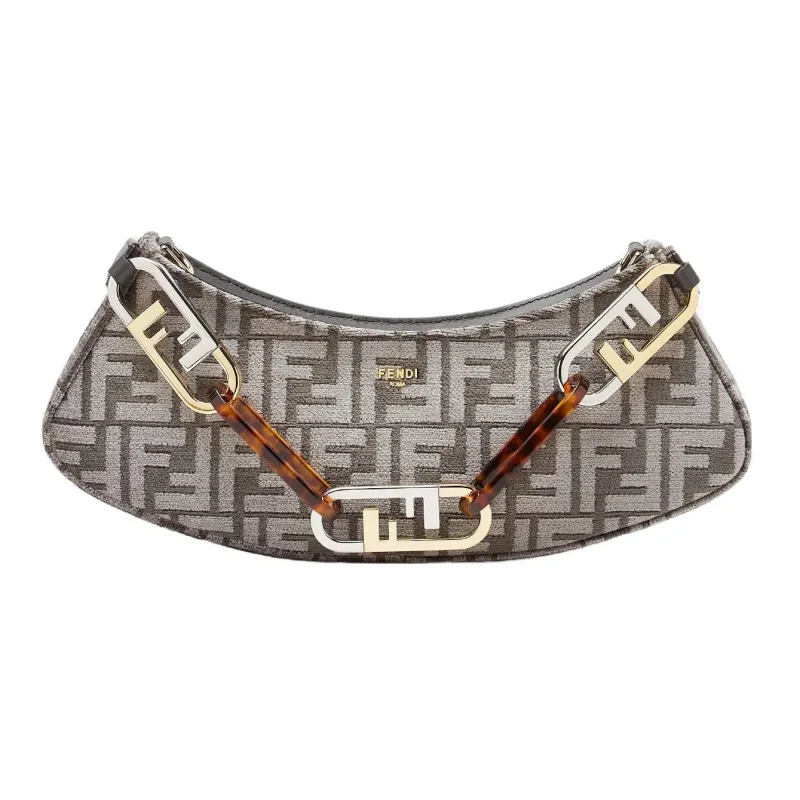 FENDI O'Lock Swing Fabric Cow Leather Patchwork Shoulder Bag Handheld Handbag Shoulder Bag Women's Gray-0