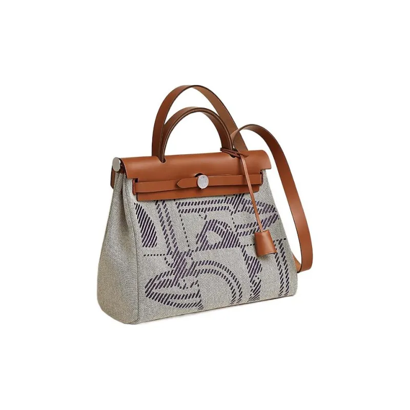 HERMES Herbag Zip Hunter Leather With Canvas Shoulder Bag, Crossbody Bag, Handbag Women's Brown/Gray-1