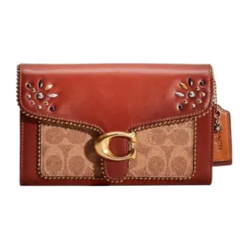 COACH Tabby Coated Canvas With Genuine Calfskin One Shoulder Crossbody Clutches Small Size Women's Tan & Rust