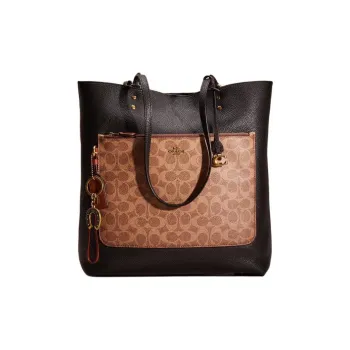 COACH Plaza Canvas With Pebbled Leather One Shoulder Handbags Large Size Women's Black & Brown