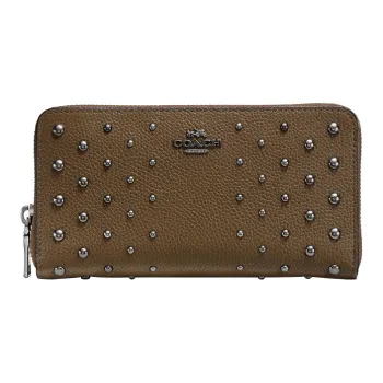 COACH Accordion Zip Cross Grain Leather Clutch Trunk Bag Wallet Small Size Women's Army Green