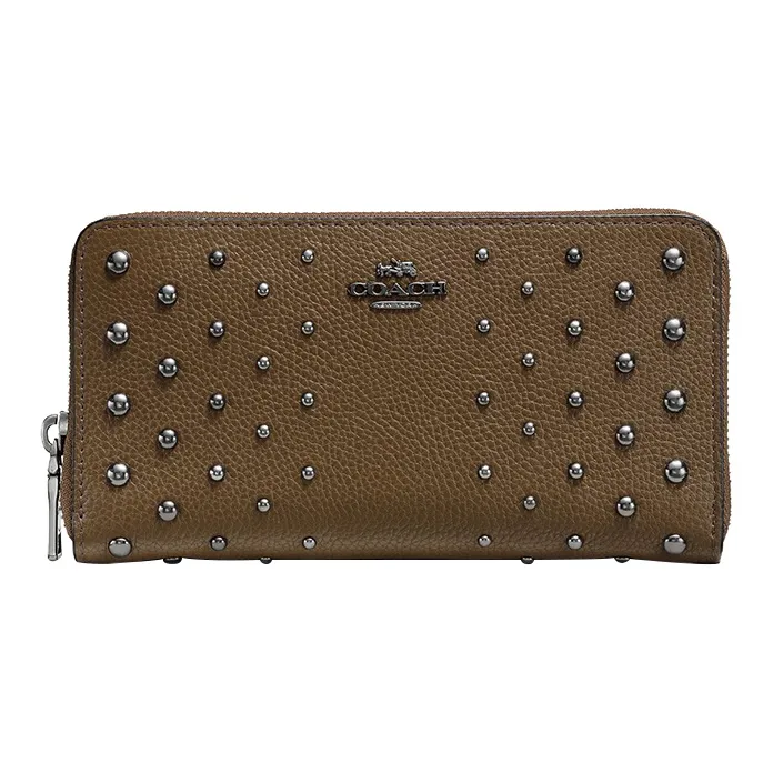 COACH Accordion Zip Cross Grain Leather Clutch Trunk Bag Wallet Small Size Women's Army Green-0