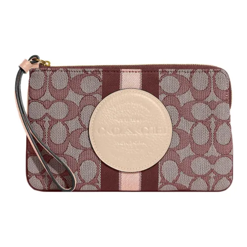 COACH Dempsey Jacquard Fabric With Pebbled Leather Wrist Bag Large Size Women's Red Brown