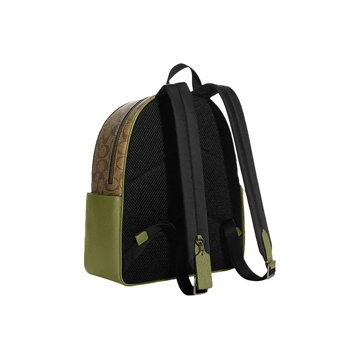 COACH Court Canvas With Pebbled Leather Backpack Medium Size Women's Khaki & Olive Green-1