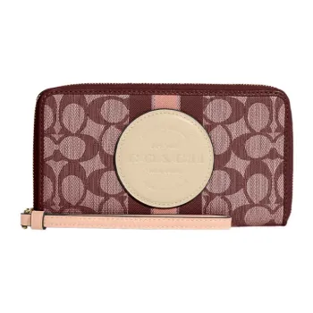 COACH Dempsey Jacquard Fabric With Pebbled Leather Accents Cell Phone Pouch Wallet Small Size Women's Burgundy