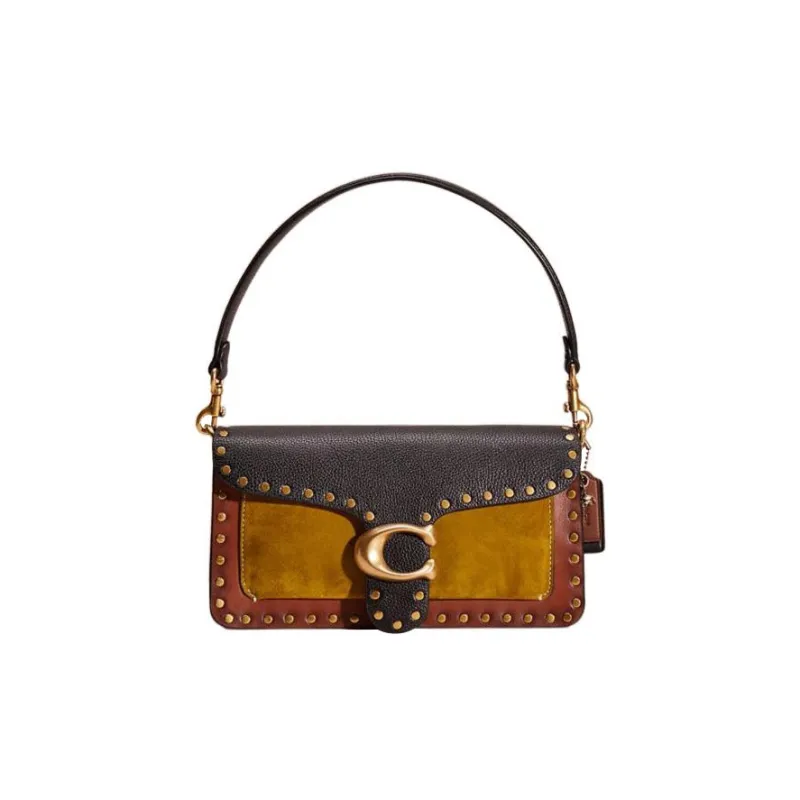 COACH Tabby Grained Leather Patchwork Suede Patchwork Calfskin Handbag Shoulder Bag Women's Black & Brown-0