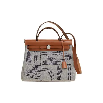 HERMES Herbag Zip Hunter Leather With Canvas Shoulder Bag, Crossbody Bag, Handbag Women's Brown/Gray