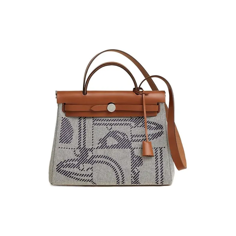 HERMES Herbag Zip Hunter Leather With Canvas Shoulder Bag, Crossbody Bag, Handbag Women's Brown/Gray-0