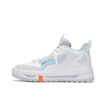 LiNing Anti Slip And Wear Resistant Height Increasing Mid Top Skateboard Shoes Women's White Blue