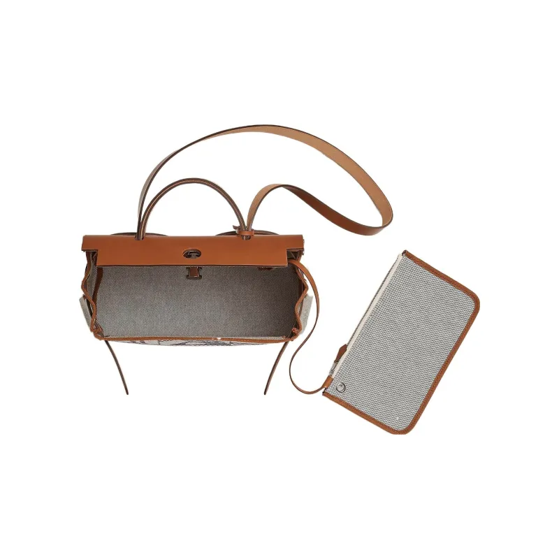 HERMES Herbag Zip Hunter Leather With Canvas Shoulder Bag, Crossbody Bag, Handbag Women's Brown/Gray-3