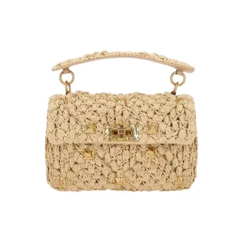 Valentino ROMAN STUD Raffia Fiber Handbag Shoulder Bag Crossbody Bag Medium Size Women's Light Brown
