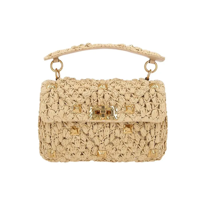 Valentino ROMAN STUD Raffia Fiber Handbag Shoulder Bag Crossbody Bag Medium Size Women's Light Brown-0