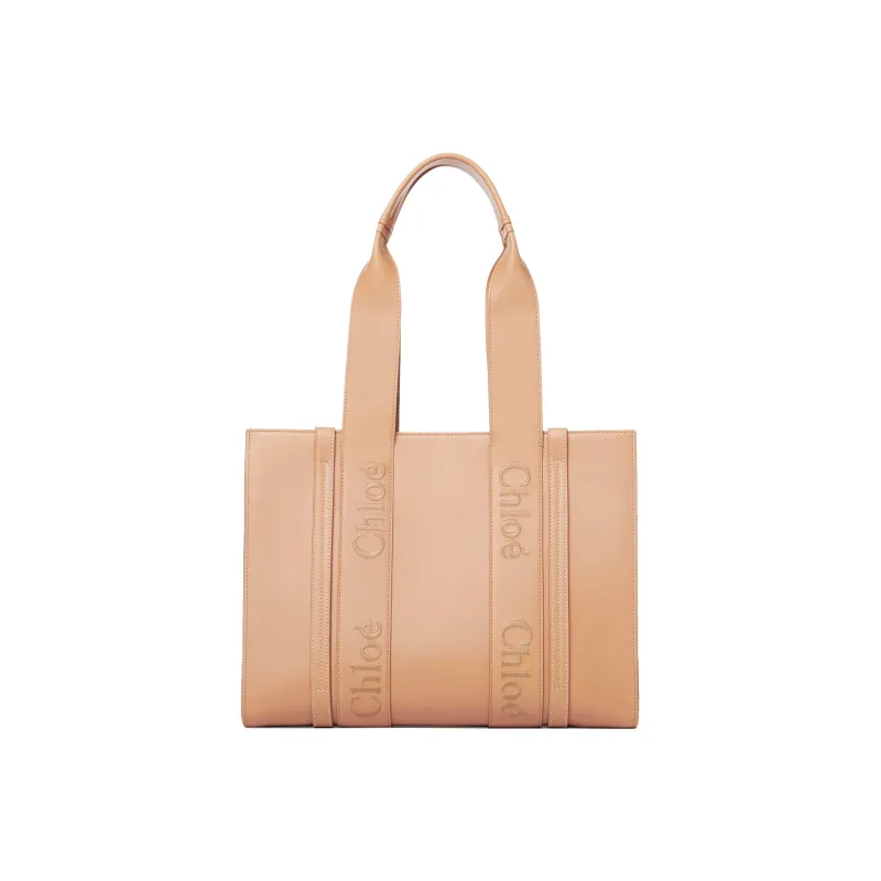 Chloe Woody Smooth Calf Leather Tote Bag Shopping Bag Shoulder Bag Handbag Medium Size Women's Light Brown-1