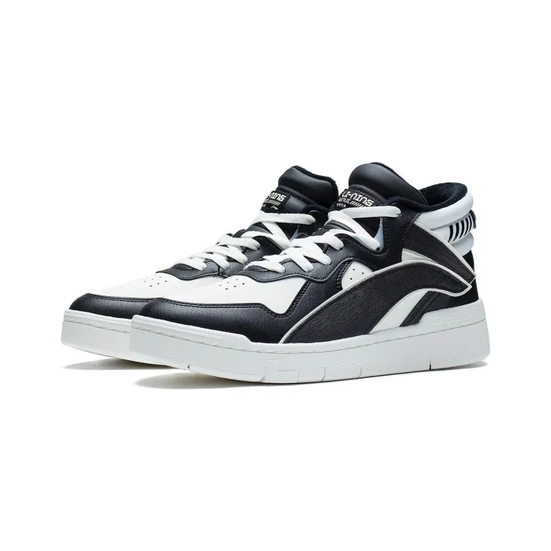 LiNing Thermal Slip Resistant And Abrasion Resistant Mid Top Skateboard Shoes Men's Black White-2