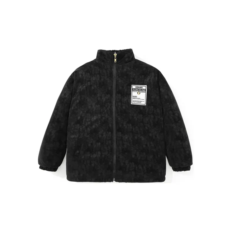 GENANX Letter Stand Collar Loose Fit Thickened Puffer Jacket Unisex Black-2