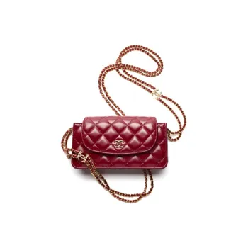 CHANEL 22K Autumn And Winter Sheepskin Flap Bag, One Shoulder Crossbody, Cell Phone Pouch Trumpets Women's Burgundy