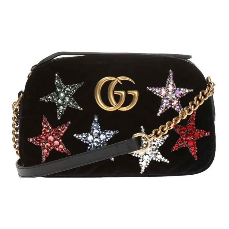 GUCCI GG Marmont Velvet Camera Bag, Shoulder Bag, Crossbody Bag Trumpets Women's Black-0