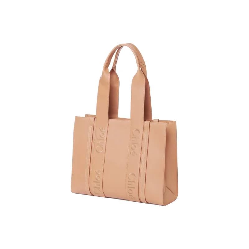 Chloe Woody Smooth Calf Leather Tote Bag Shopping Bag Shoulder Bag Handbag Medium Size Women's Light Brown-2