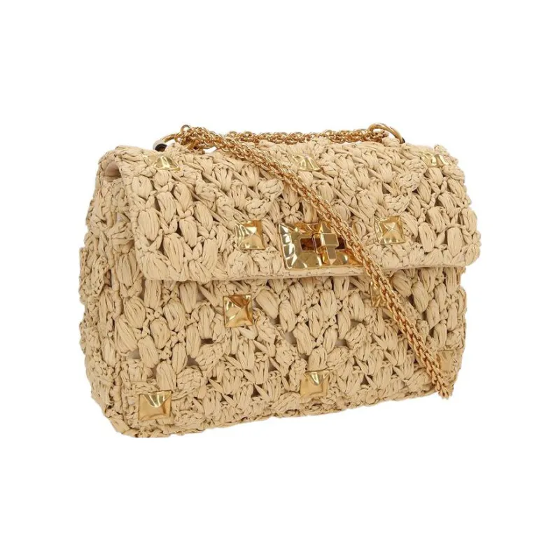 Valentino ROMAN STUD Raffia Fiber Handbag Shoulder Bag Crossbody Bag Medium Size Women's Light Brown-1