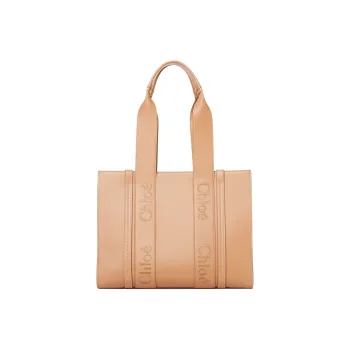 Chloe Woody Smooth Calf Leather Tote Bag Shopping Bag Shoulder Bag Handbag Medium Size Women's Light Brown