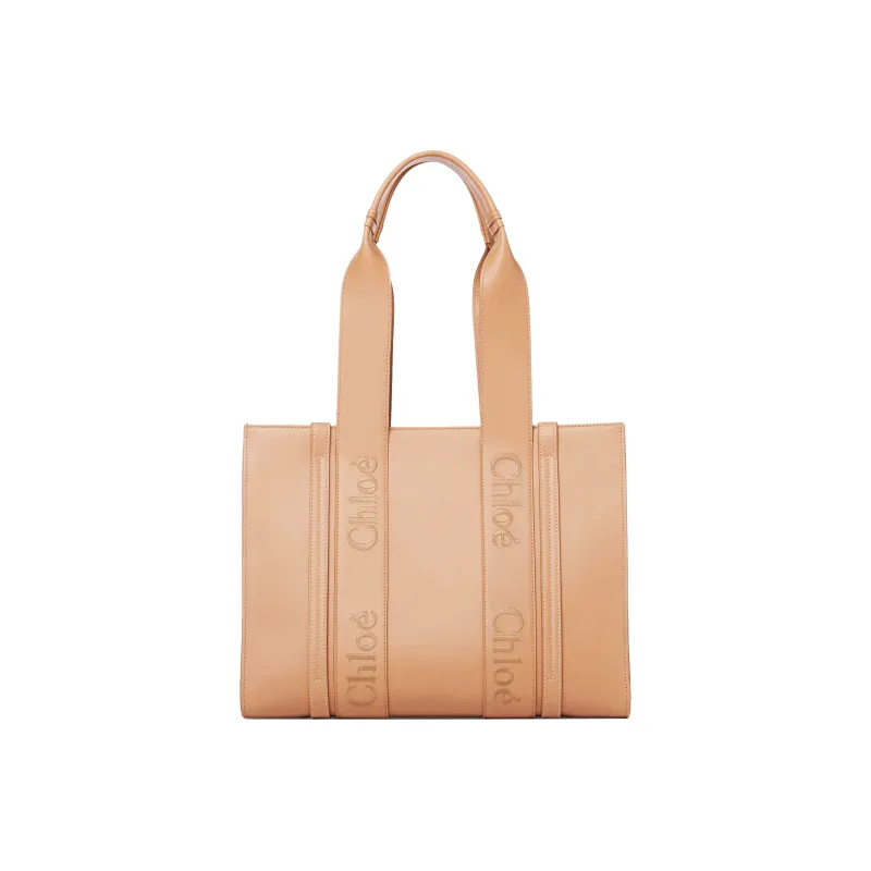 Chloe Woody Smooth Calf Leather Tote Bag Shopping Bag Shoulder Bag Handbag Medium Size Women's Light Brown-0