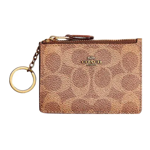 COACH Mini Id Skinny Signature Coated Canvas With Delicate Leather Document Wallet Card Holders Mini Women's Tan & Rust