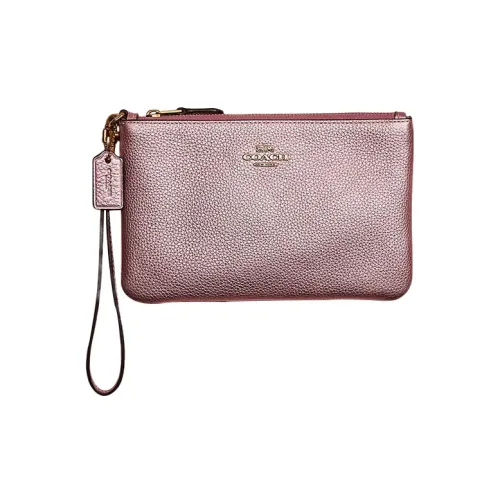 COACH Wristlet Metal Polished Pebbled Leather Wrist Bags Clutches Small Size Women's Metal Pink