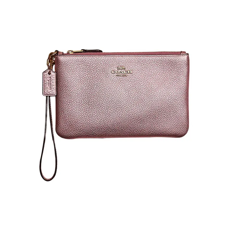COACH Wristlet Metal Polished Pebbled Leather Wrist Bags Clutches Small Size Women's Metal Pink-0