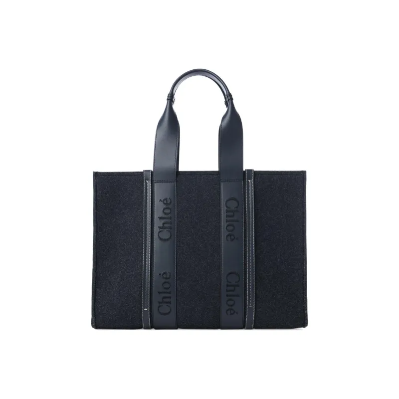 Chloe Woody Calfskin Tote Bag, Shopping Bag, Shoulder Bag, Handbag Large Size Women's Dark Blue-1