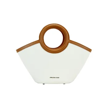 AMAZING SONG Cow Leather Scallop Bag Handbag Shoulder Bag Crossbody Bag Large Size Women's Brown/White