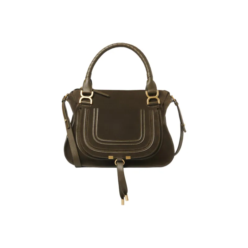 Chloe Marcie Suede Studded Calfskin Shoulder Bag Crossbody Bag Handbag Medium Size Women's Olive Green-0