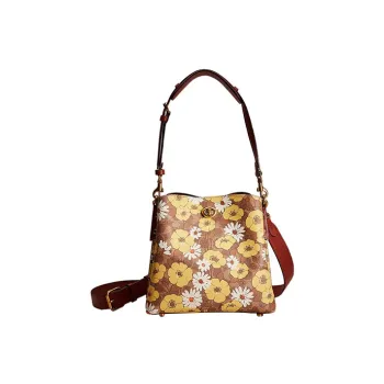 COACH Willow Signature Coated Canvas With Refined Calfskin Bucket Bag, Shoulder Bag, Crossbody Bag Women's Tan