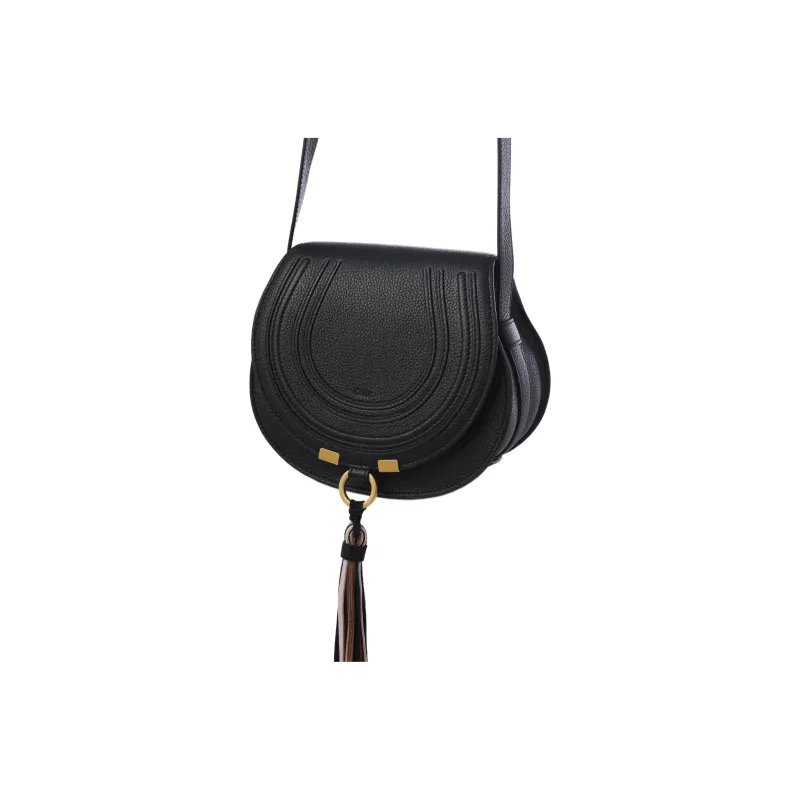 Chloe Marcie Suede Calfskin With Nappa Lambskin Saddle Bag, Shoulder Bag, Crossbody Bag Trumpets Women's Black-1