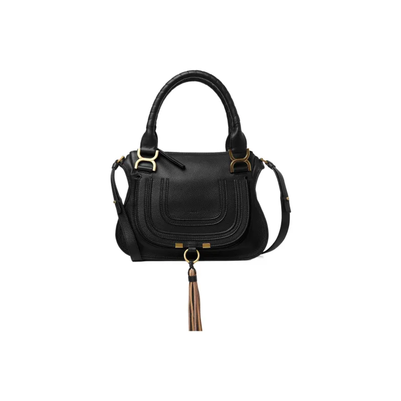 Chloe Marcie Suede Calfskin And Nappa Lambskin Shoulder Bag, Crossbody Bag, Handbag Trumpets Women's Black-0