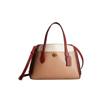 COACH Lora Glossy Pebbled Leather Shoulder Bag Crossbody Bag Handbag Large Size Women's Taupe & Chalk White