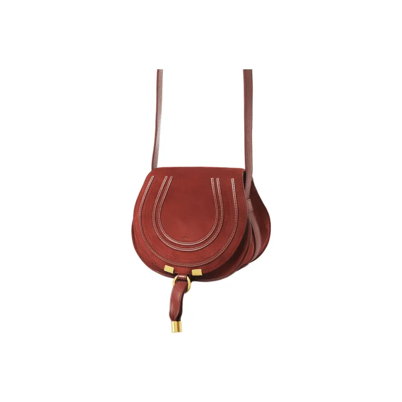 Chloe Marcie Suede Studded Calfskin Saddle Bag Shoulder Bag Crossbody Bag Small Size Women's Orange Red-1