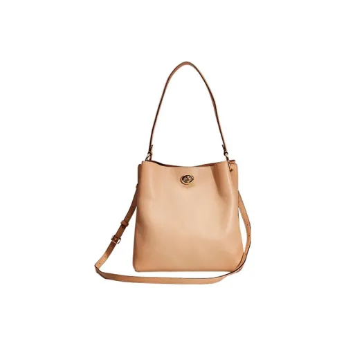 COACH Charlie Polished Pebbled Leather Bucket Bag, Handbag, Shoulder Bag, Crossbody Bag Women's Beech Wood Color