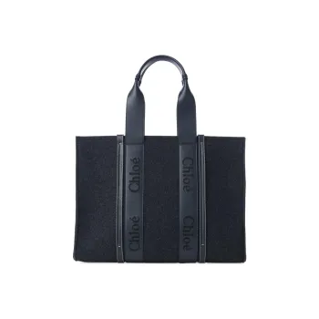 Chloe Woody Calfskin Tote Bag, Shopping Bag, Shoulder Bag, Handbag Large Size Women's Dark Blue