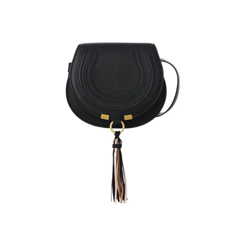 Chloe Marcie Suede Calfskin With Nappa Lambskin Saddle Bag, Shoulder Bag, Crossbody Bag Trumpets Women's Black-0