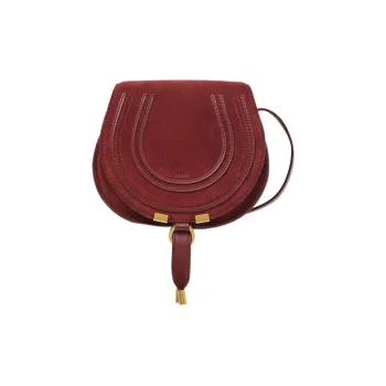 Chloe Marcie Suede Studded Calfskin Saddle Bag Shoulder Bag Crossbody Bag Small Size Women's Dark Red/Burgundy