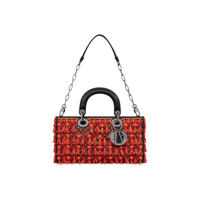 DIOR Lady D-JOY Satin Beaded Embroidery Daisie Bag Shoulder Bag Crossbody Bag Handbag Women's Red-4