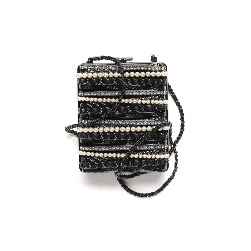 CHANEL 22K Autumn And Winter Lambskin Rhinestone Pearl Evening Bag, Shoulder Bag, Crossbody Bag Trumpets Women's Black-0