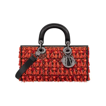DIOR Lady D-JOY Satin Beaded Embroidery Daisie Bag Shoulder Bag Crossbody Bag Handbag Women's Red