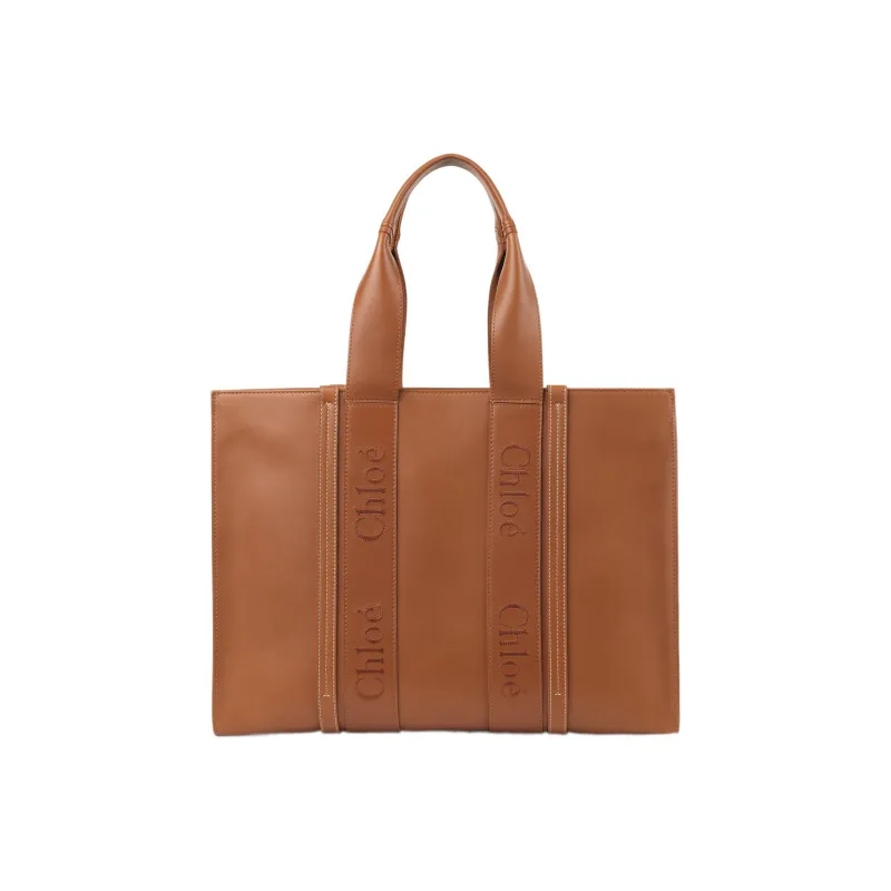 Chloe Woody Calfskin Tote Bag Shopping Bag Shoulder Bag Crossbody Bag Handbag Large Size Women's Caramel-1