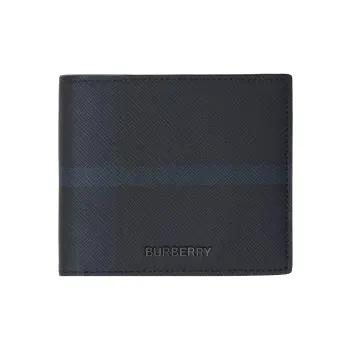 Burberry Plaid With Leather Wallet Large Size Men's Dark Charcoal Blue