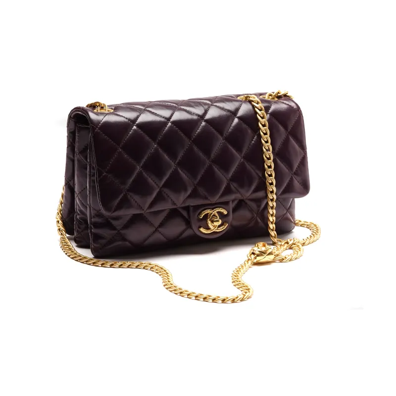 CHANEL 22K Autumn And Winter Sheepskin With Metal Detail Mouth Cover Bag Crossbody Bag Women's Dark Brown-2