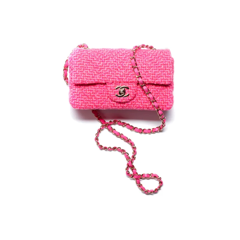 CHANEL Classic Flap CF Wool Twill Soft Woolen Shoulder Bag, Crossbody Bag Mini Women's Fuchsia-0