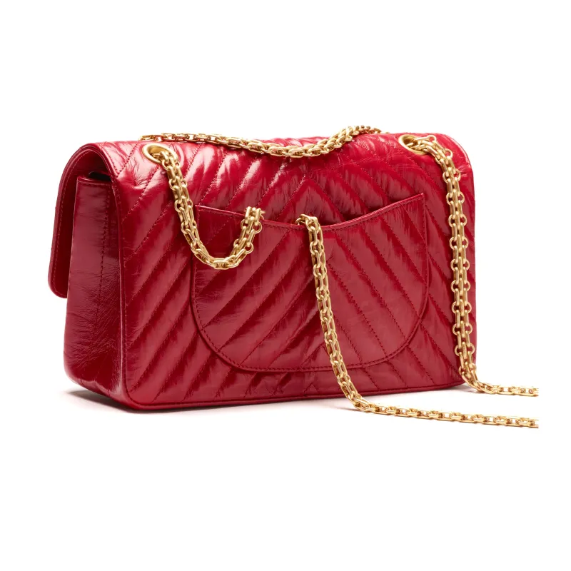 CHANEL 22K Fall Winter 2.55 Bright Pleated Calfskin Shoulder Bag, Crossbody Bag Women's Red-2